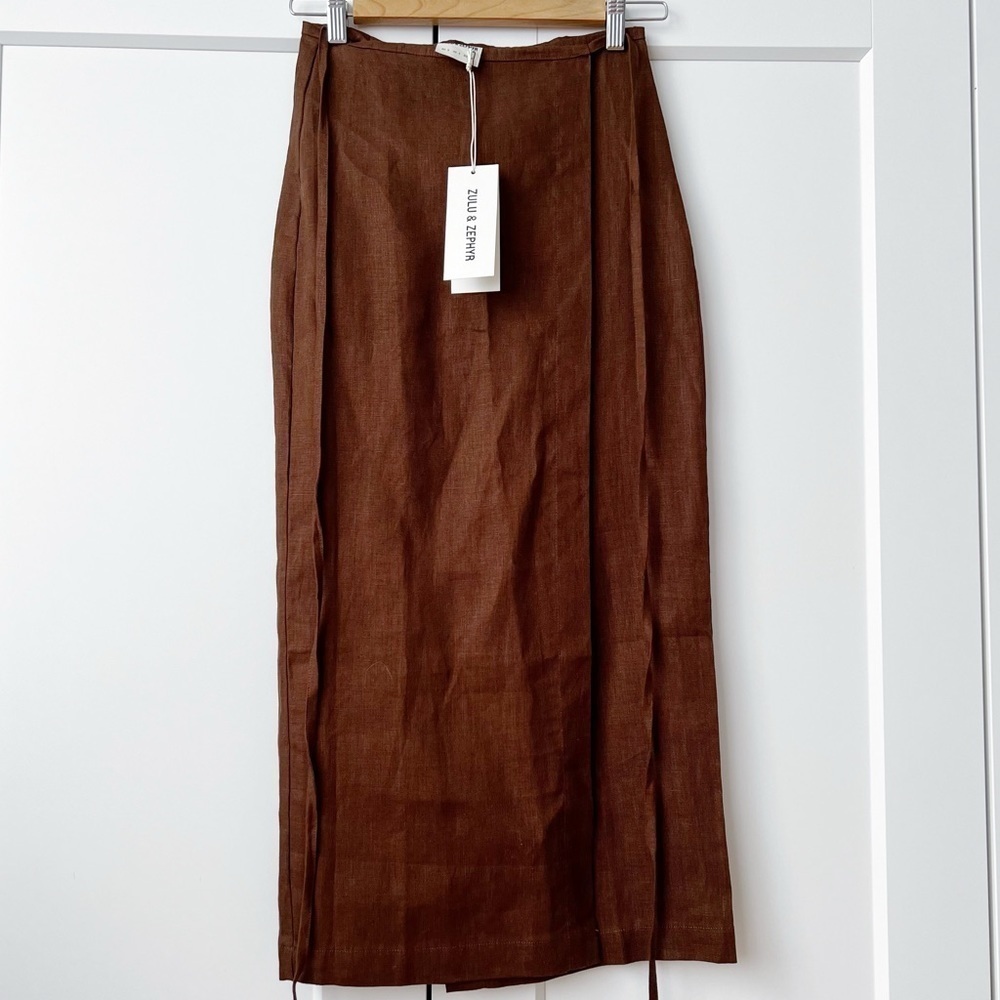 Zulu and Zephyr Chocolate Linen Wrap Skirt sz.US 4 Runs Small - Picture 7 of 12